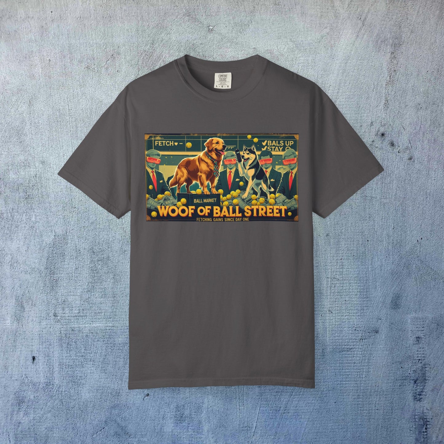 Sleek Woof of Ball Street T-Shirt in dark gray, featuring a fun dog design with the phrase 'Woof of Ball Street' for ultimate comfort and style.