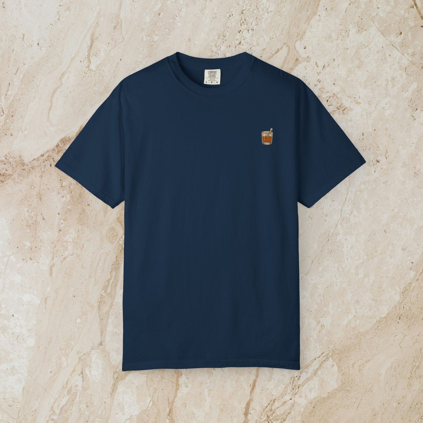 Golden Whiskey Dog Tee in navy blue color, showcasing a unique vintage style, crafted from 100% cotton, relaxed fit with a left chest pocket.