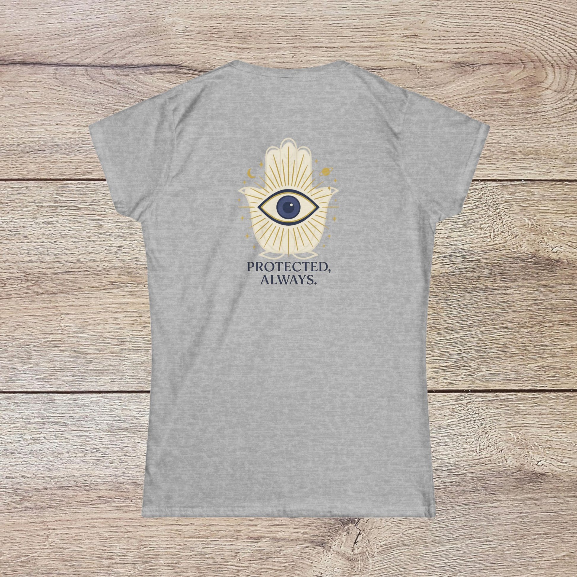 Ladies' V-Neck T-Shirt - Comfortable 100% Cotton Tee featuring a positive graphic design with an eye and a hand symbol on the back, conveying protection and positivity.