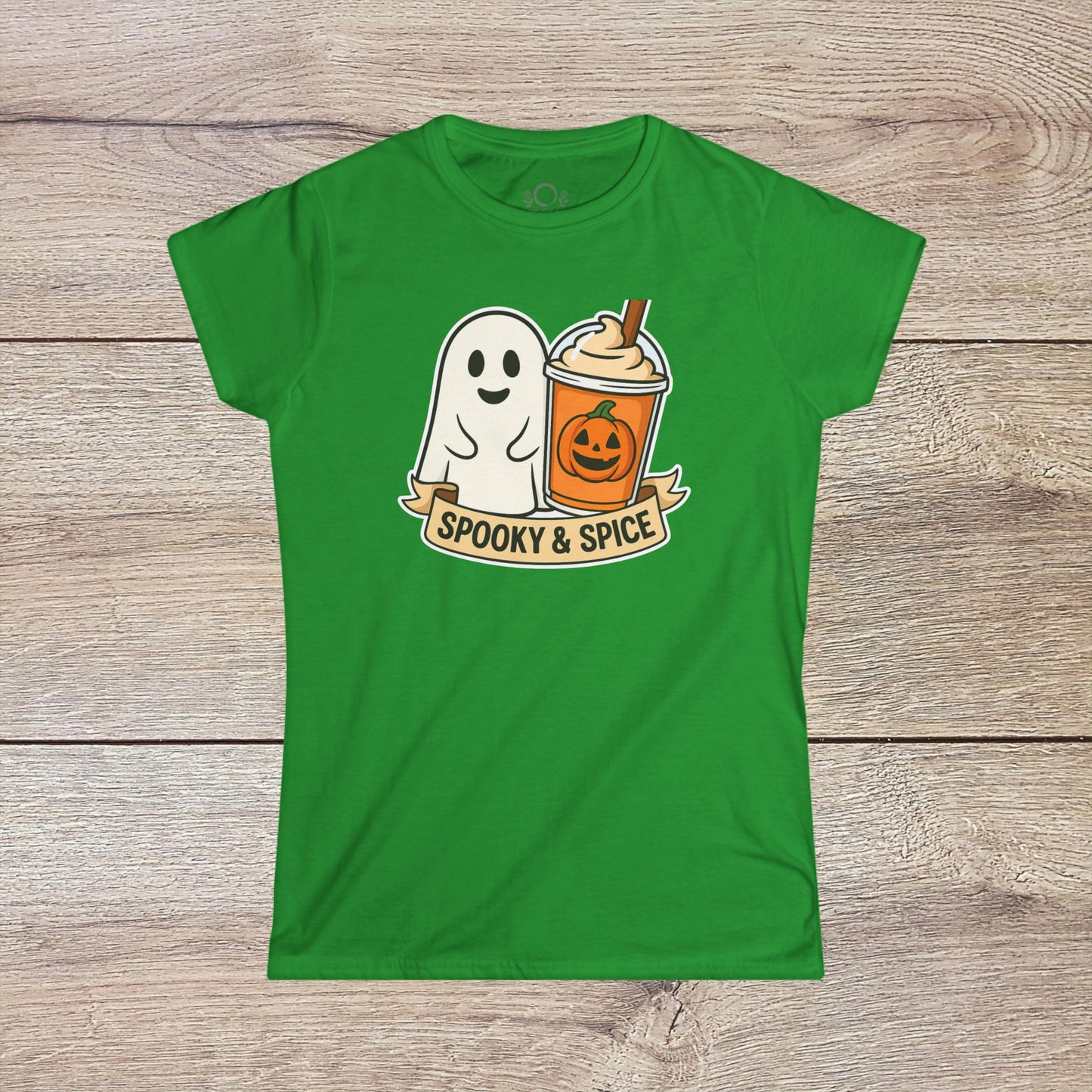 Spooky And Spice Ghost Graphic Tee in bright green, featuring a whimsical ghost and pumpkin spice drink motif, suitable for year-round fun.