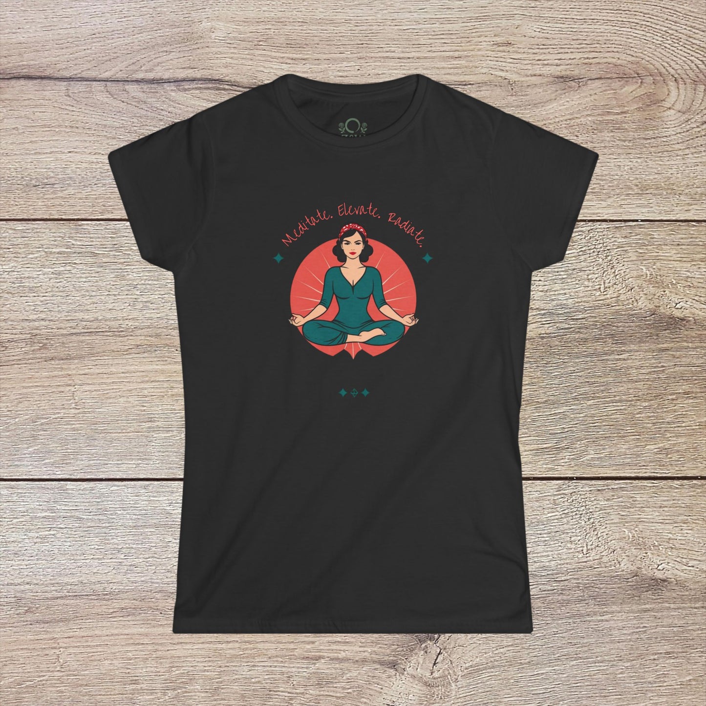 Women's Festival Crop Top | Mindful Vibes Yoga Wear showcased in a chic black shirt featuring a meditating woman, perfect for festival goers who prioritize fashion and comfort.