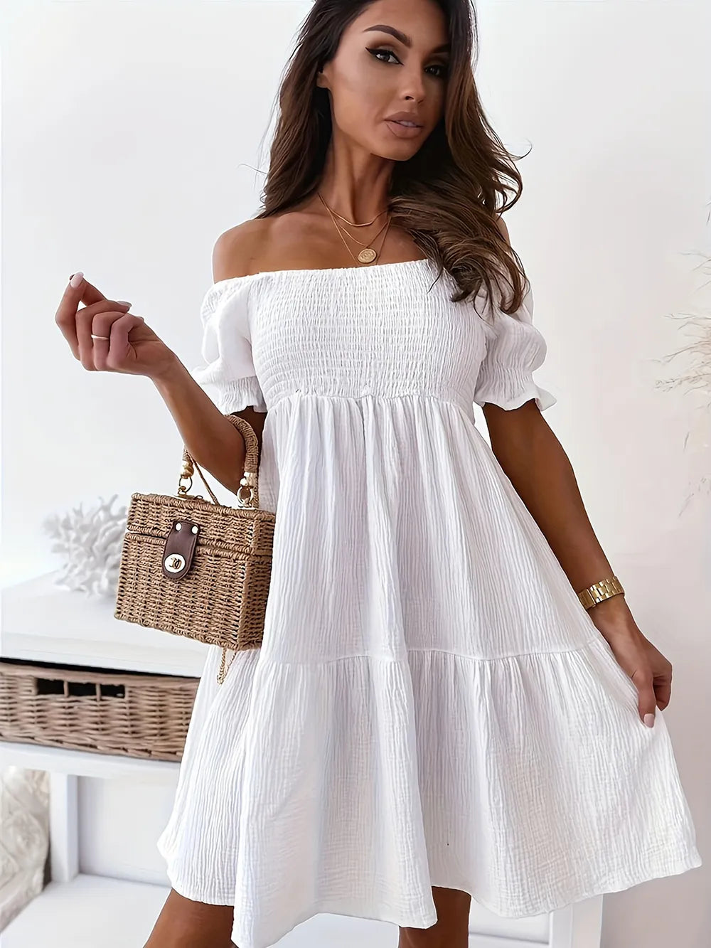 Charming Full Size Ruffled Off-Shoulder Dress with Short Sleeves - Stretchy, Chic & Ruched Design presented on a model smiling and holding a stylish handbag to complement the dress.