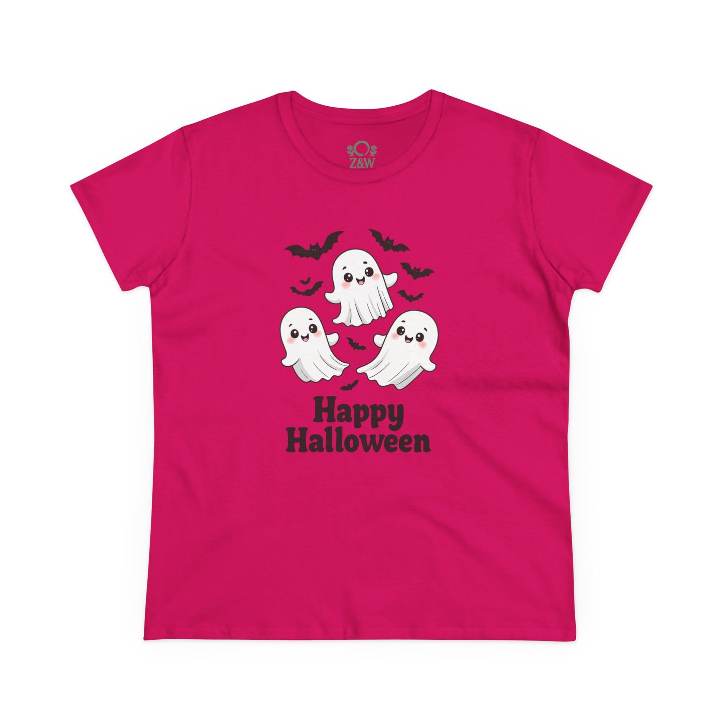 Cute Halloween Ghost T-Shirt for Kids & Adults in vibrant fuchsia, adorned with three playful ghosts. Perfect as unisex spooky apparel for Halloween celebrations.