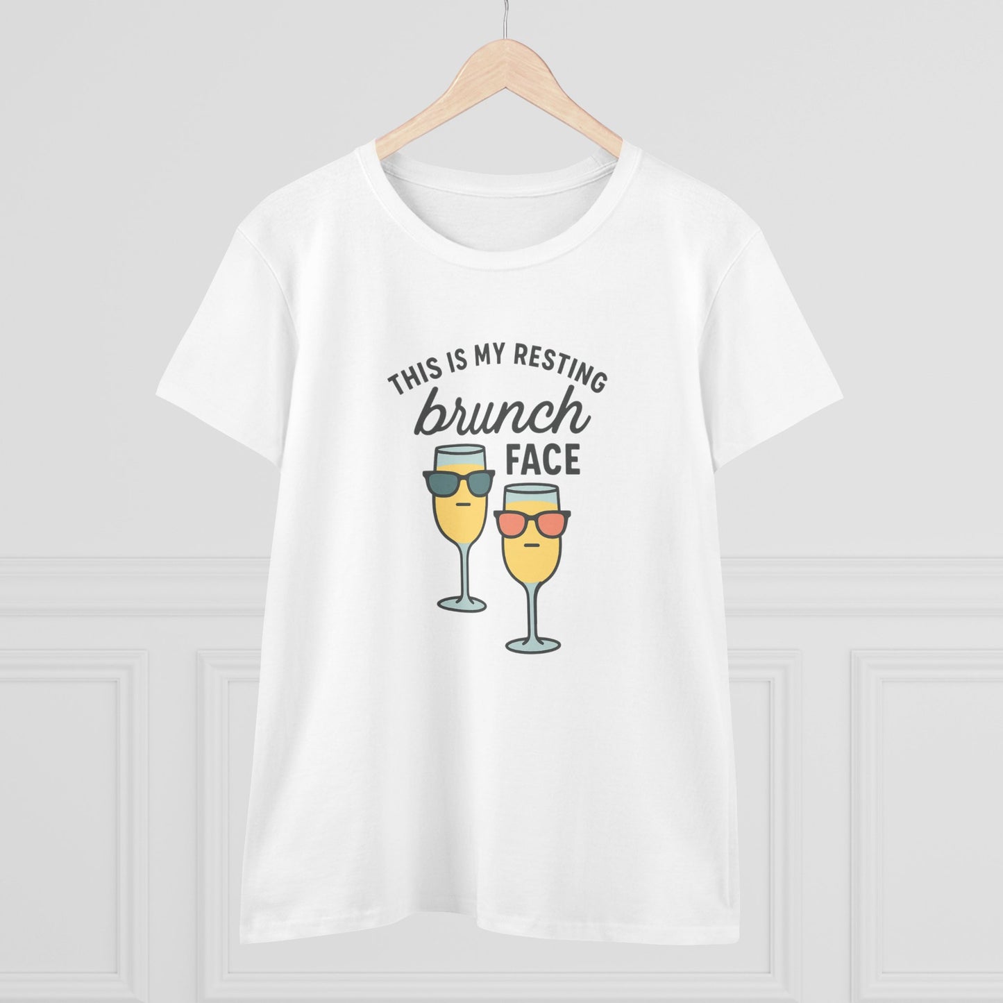Front view of Women's Premium 100% Cotton Brunch Face Tee - Comfortable, Durable & Stylish featuring a humorous brunch-themed graphic with sunglasses-wearing cocktails.