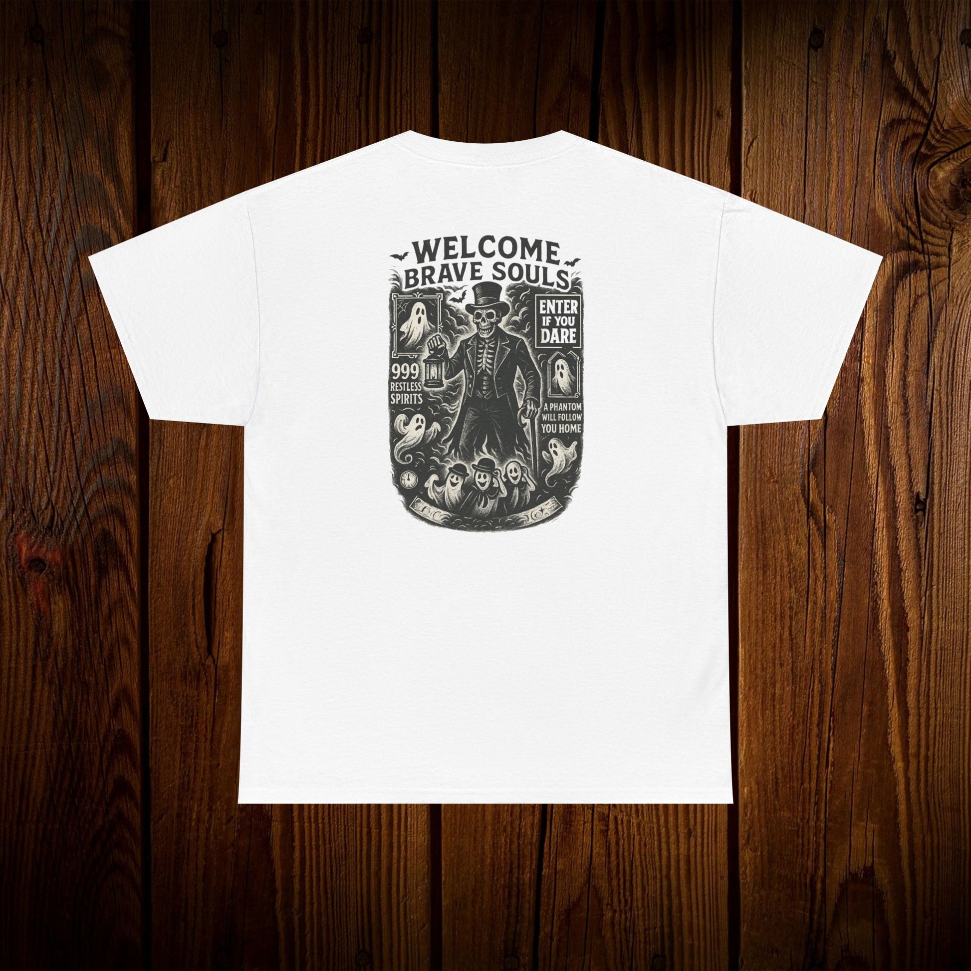 Spooky Halloween Graphic Tee - Unisex Cotton Shirt in white with a detailed back print saying 'Welcome Brave Souls', suitable for the spooky season.