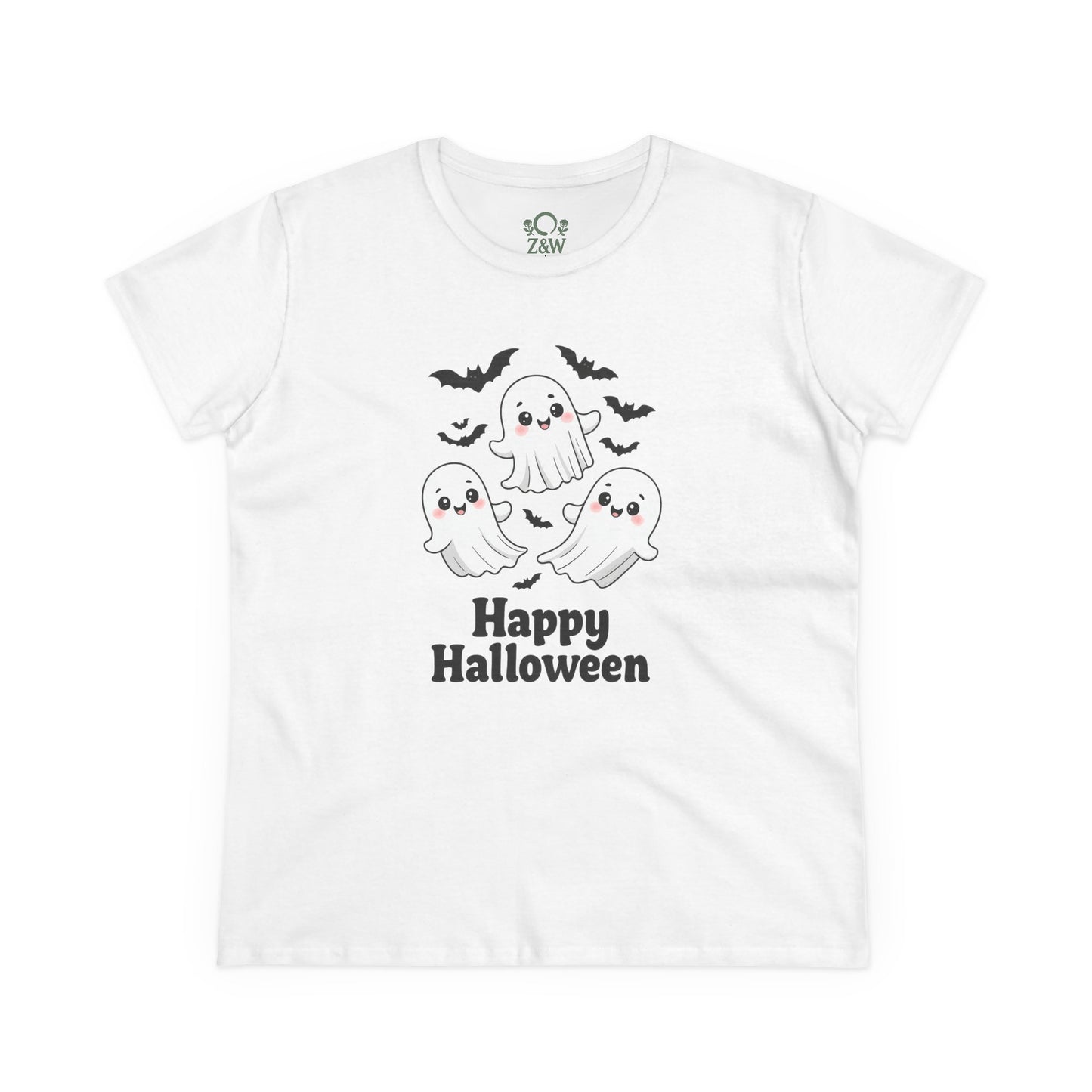 Cute Halloween Ghost T-Shirt for Kids & Adults, Unisex Spooky Tee in classic white showcasing adorable ghosts and bats, ideal for Halloween celebrations and easy styling.