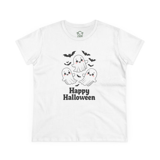 Cute Halloween Ghost T-Shirt for Kids & Adults, Unisex Spooky Tee in classic white showcasing adorable ghosts and bats, ideal for Halloween celebrations and easy styling.