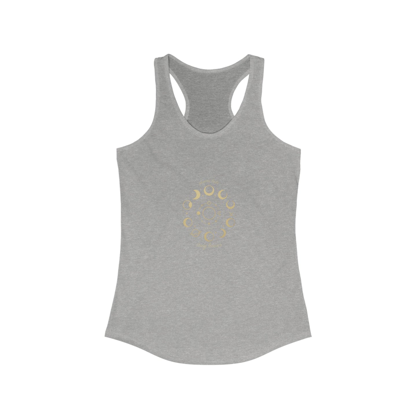 Stay Lunar Yoga Tank in light gray color, made from lightweight 60% cotton and 40% polyester, featuring a moon phase design.
