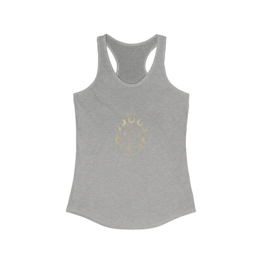 Stay Lunar Yoga Tank in light gray color, made from lightweight 60% cotton and 40% polyester, featuring a moon phase design.