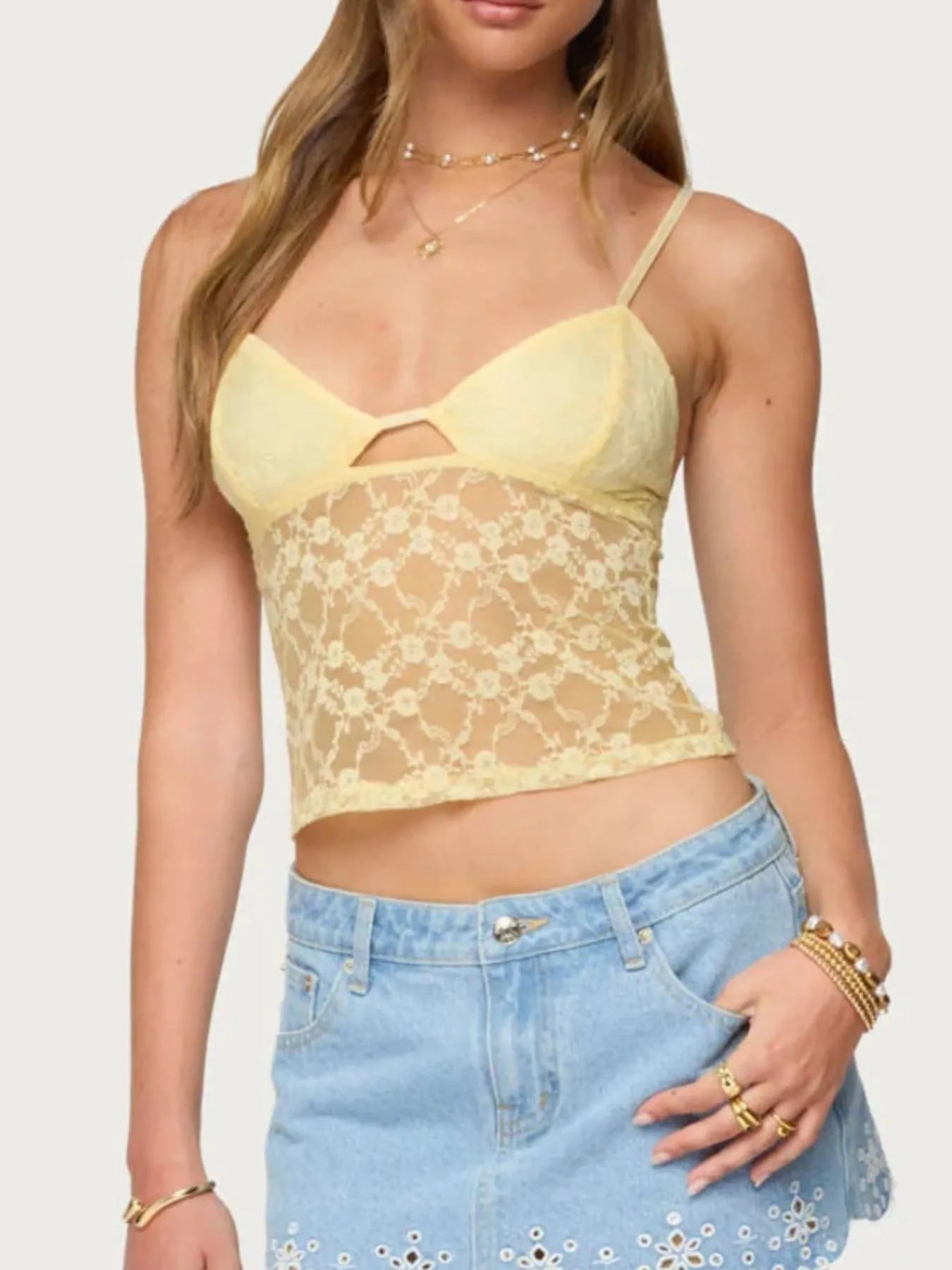 Trendsi Adjustable Lace Cami Top - Sheer Design, Stretchy Fit, Elegant Layering Essential, displayed in a light tan front view with a sweetheart neckline and lace detailing.