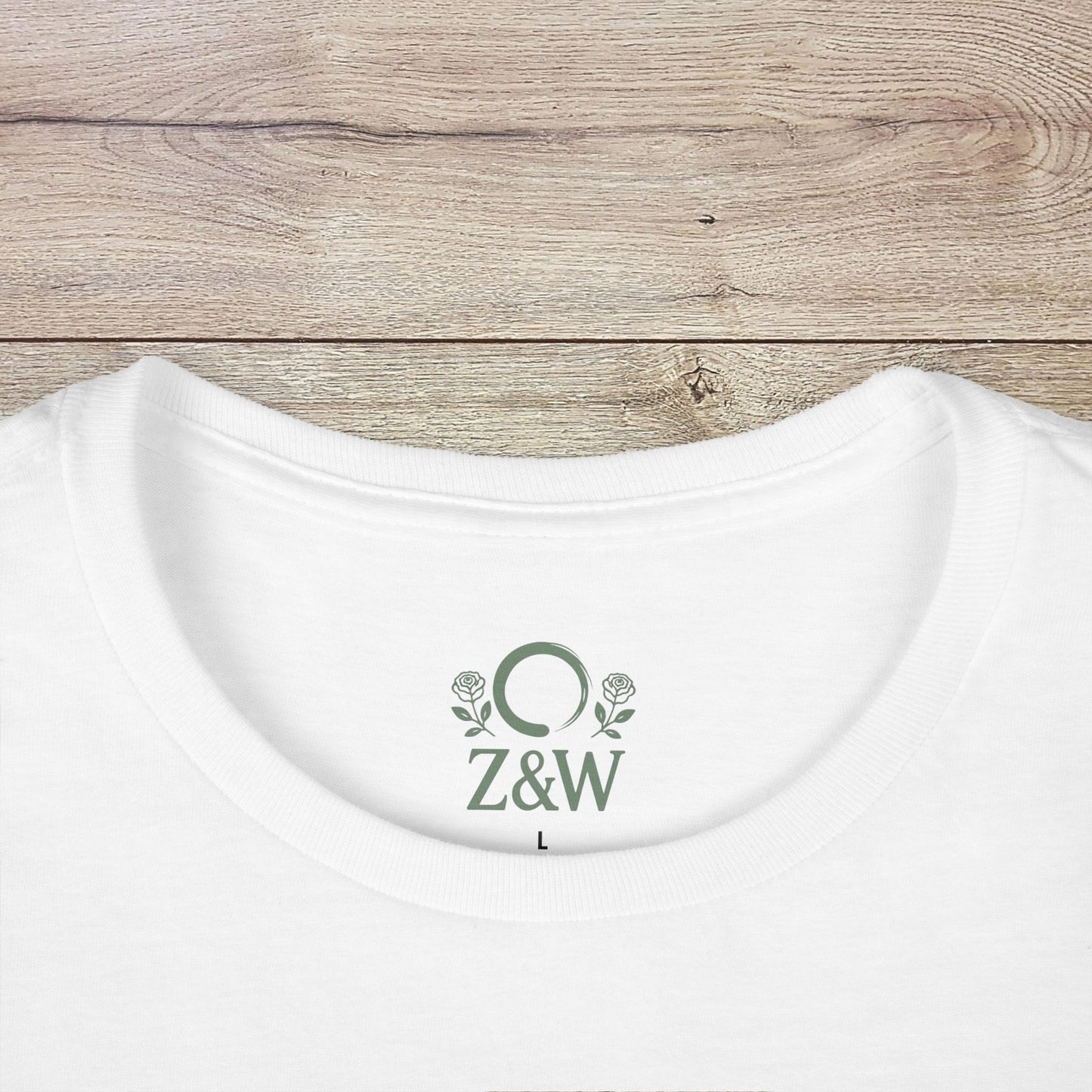 Close-up of the collar of a white Funny Pilates T-Shirt with Durable Shoulder Tape, highlighting its classic fit and logo.