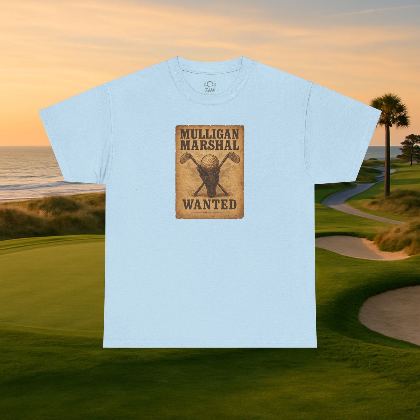 Funny Mulligan Marshal Wanted Golf Tee Shirt on a scenic golf course background, showcasing casual summer wear for golf lovers.