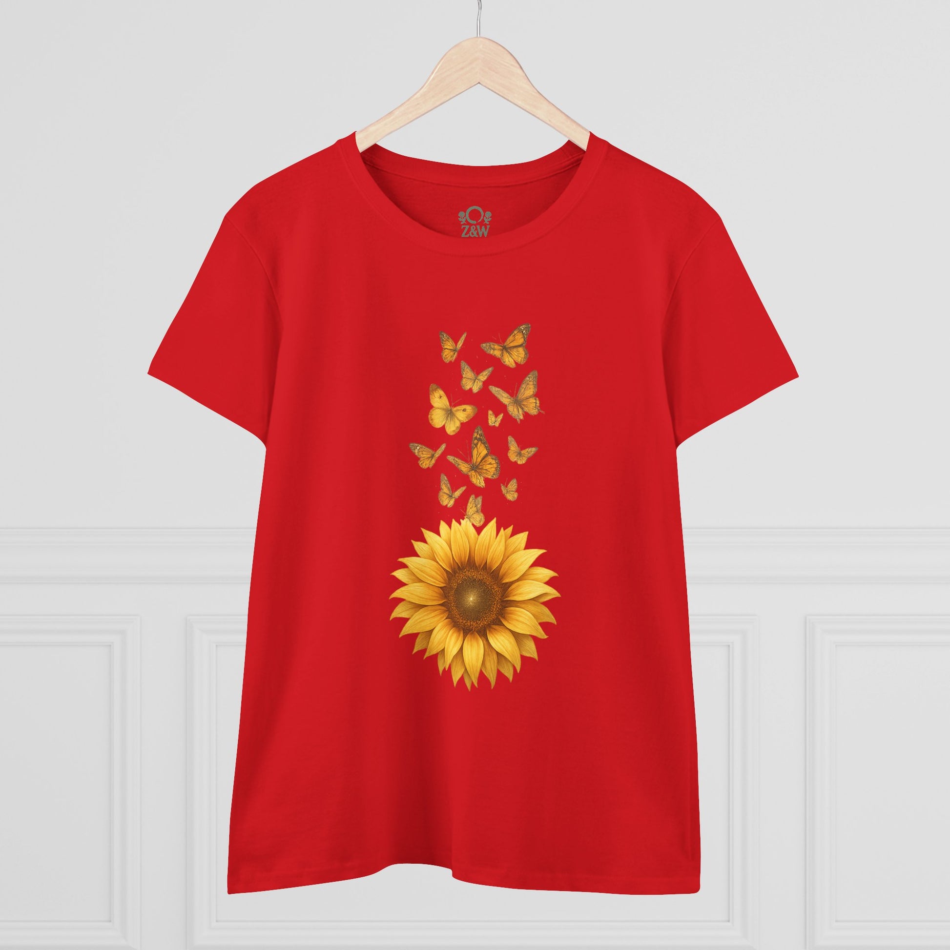 Sunflower & Butterflies Cotton Tee for Women - Red short sleeve tee with a striking sunflower graphic and butterflies, made from 100% soft cotton for a comfortable fit.
