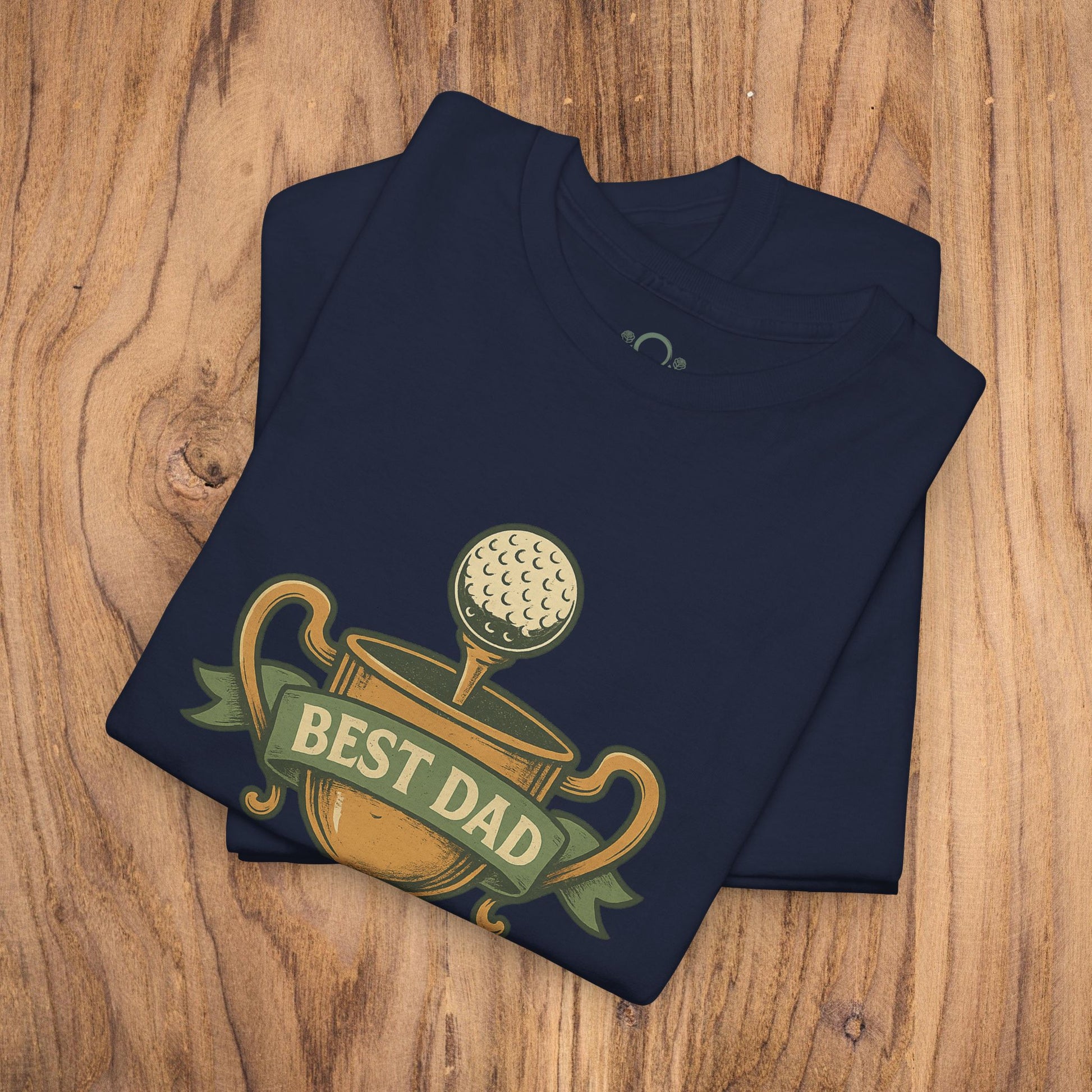 Best Dad Trophy T-Shirt in navy blue, showcasing a vibrant print of a golf trophy with 'BEST DAD' prominently displayed, crafted from soft cotton for maximum comfort.