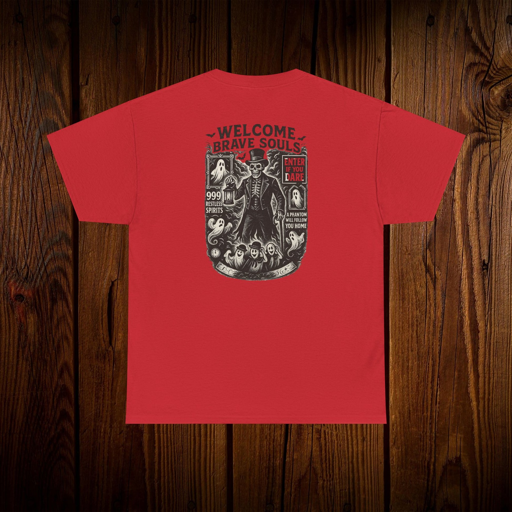 Spooky Halloween Graphic Tee - Unisex Cotton Shirt in vibrant red with an intricate skull and ghost design, ideal for casual Halloween outings.