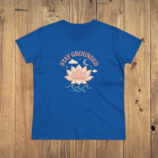 Stay Grounded Spiritual Tee - Vibrant blue crop top with a lotus flower design, perfect for festivals and casual outings.