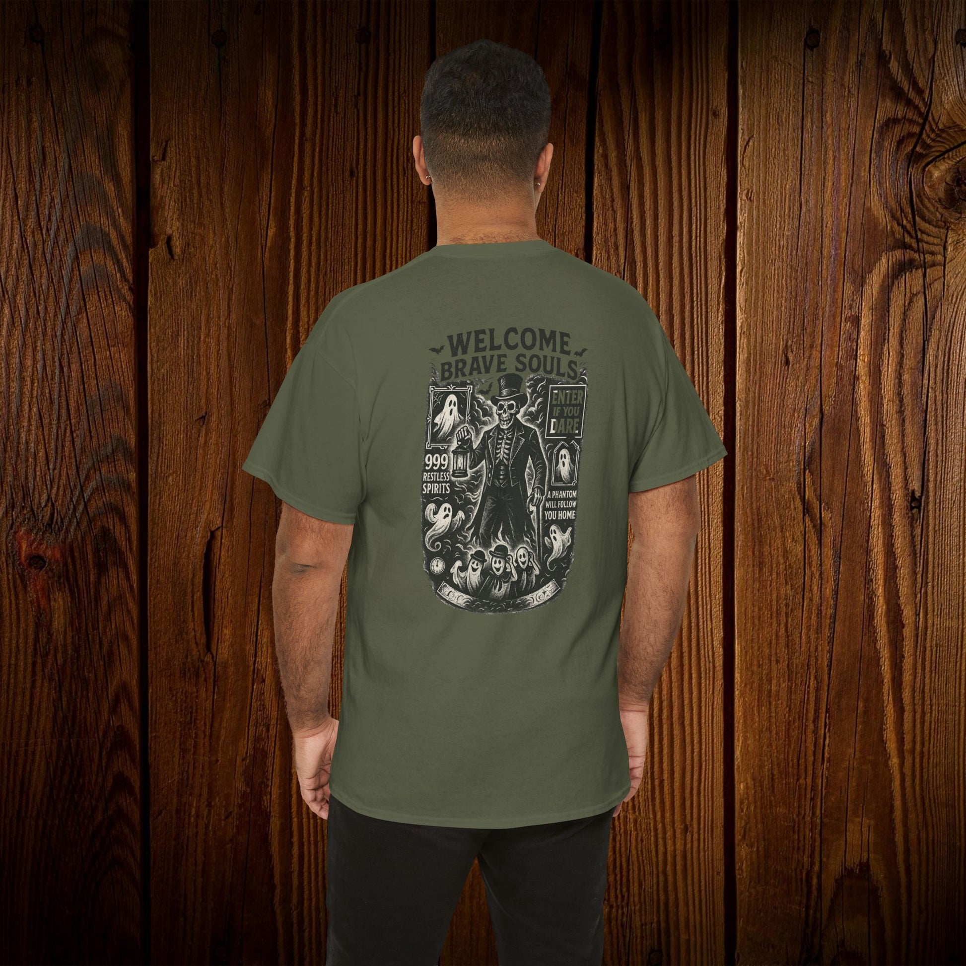 Spooky Halloween Graphic Tee - Unisex Cotton Shirt displaying the 'WELCOME BRAVE SOULS' graphic on the back, perfect for any Halloween event, in a green color option.