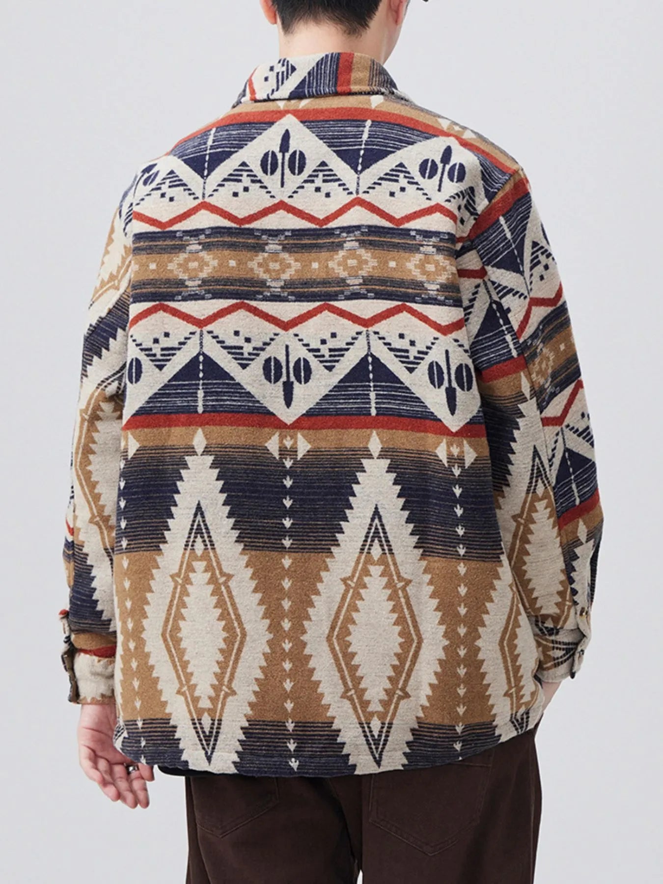Men's Plus Size Button Down Shirt with Pocket - Oversized, 68% Cotton, No Stretch; back view highlighting the unique tribal pattern and relaxed fit.