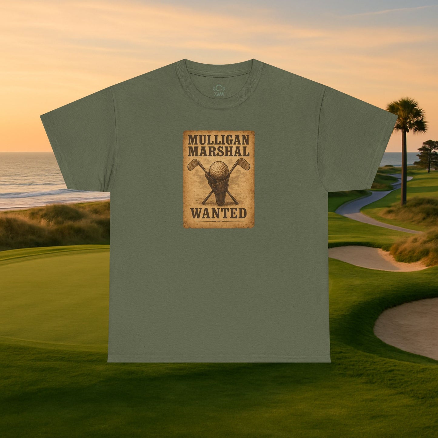 Funny Mulligan Marshal Wanted Golf Tee Shirt in olive, a must-have casual summer wear for golf enthusiasts.