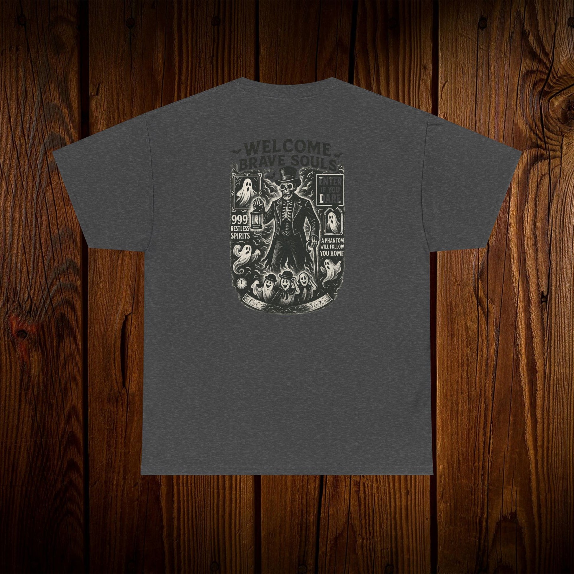 Spooky Halloween Graphic Tee in a dark charcoal finish, showcasing a detailed ghost print, ideal for casual and Halloween attire.
