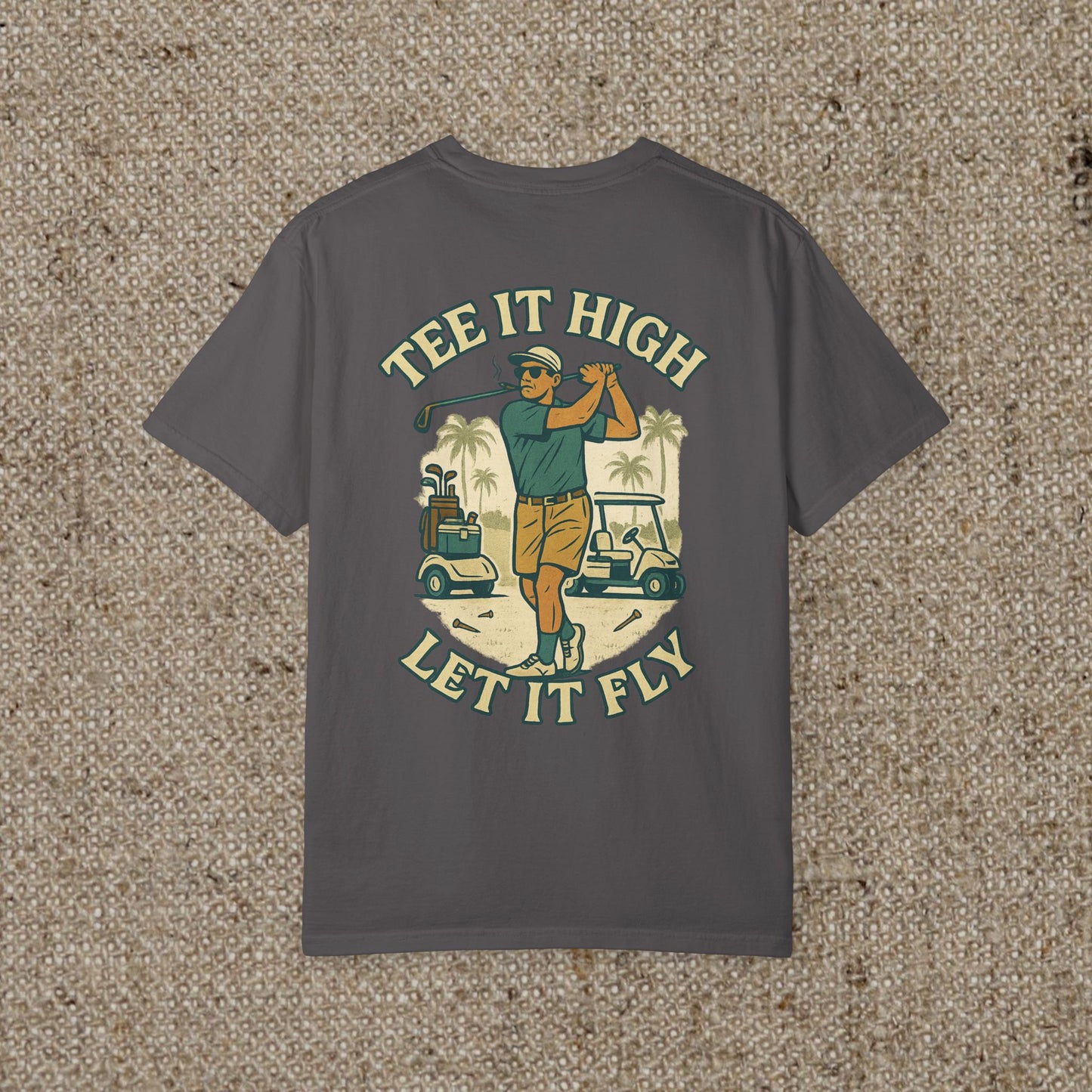 Tee It High Let It Fly Graphic Tee in charcoal color, showcasing a golfer on the back; ideal for casual wear and golf lovers.