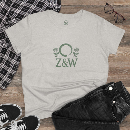 ZenAndWhiskey Classic 100% Cotton Tee featuring a stylish floral emblem, perfect for comfortable everyday wear and showcasing soft durability.