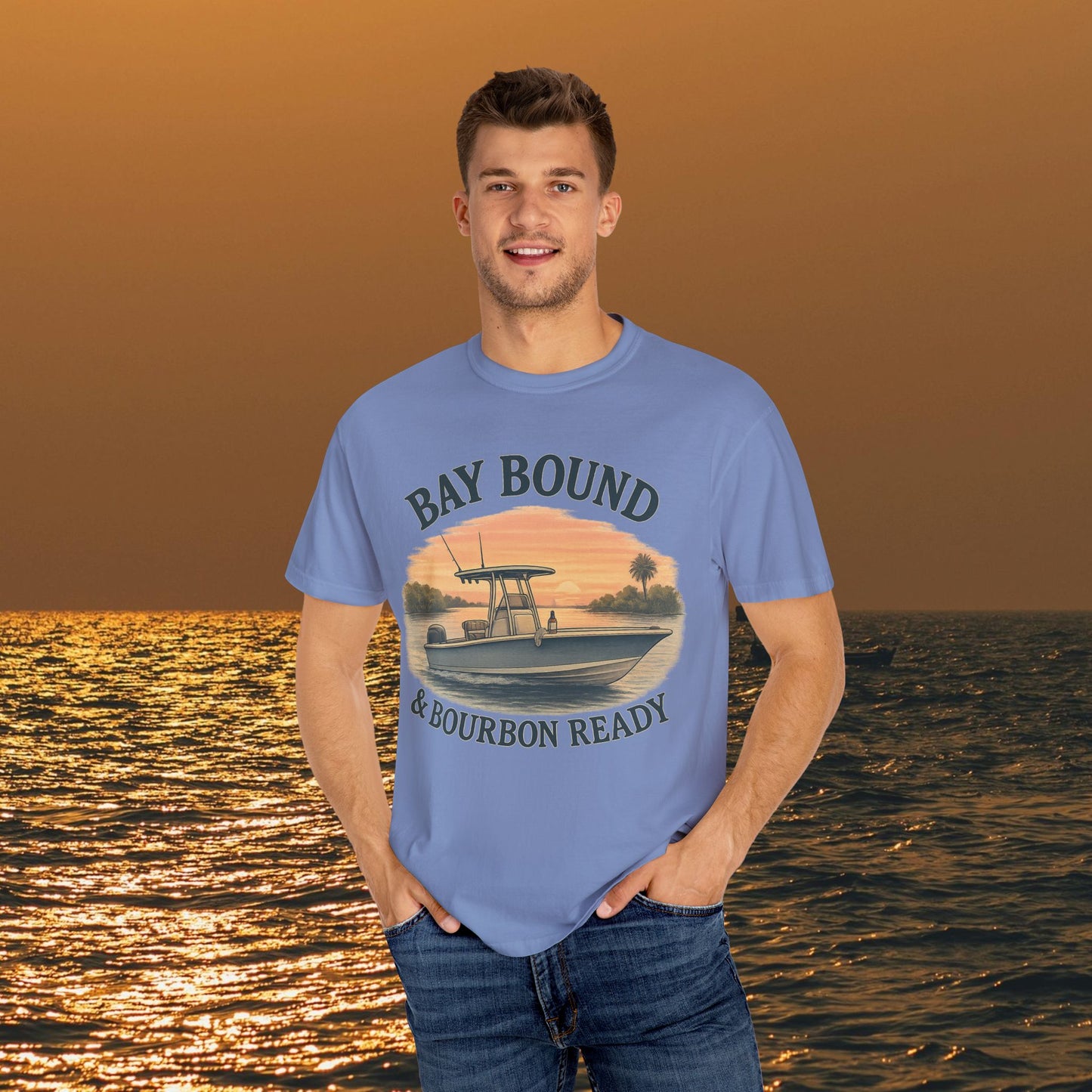 Model wearing Boating T-Shirt For Summer with 'Bay Bound & Bourbon Ready' graphic, ideal for summer outings on the water.
