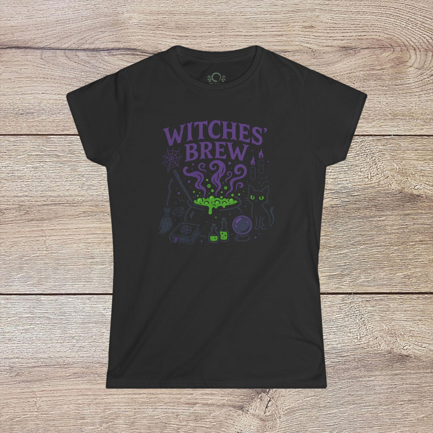 Witches' Brew Halloween T-Shirt in black showcasing a spooky and colorful graphic of a cauldron, magical elements, and a cat, crafted from eco-friendly cotton for comfort and style.