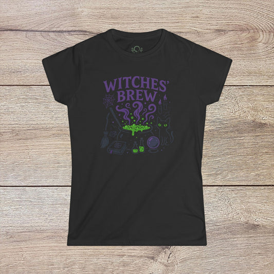 Witches' Brew Halloween T-Shirt in black showcasing a spooky and colorful graphic of a cauldron, magical elements, and a cat, crafted from eco-friendly cotton for comfort and style.