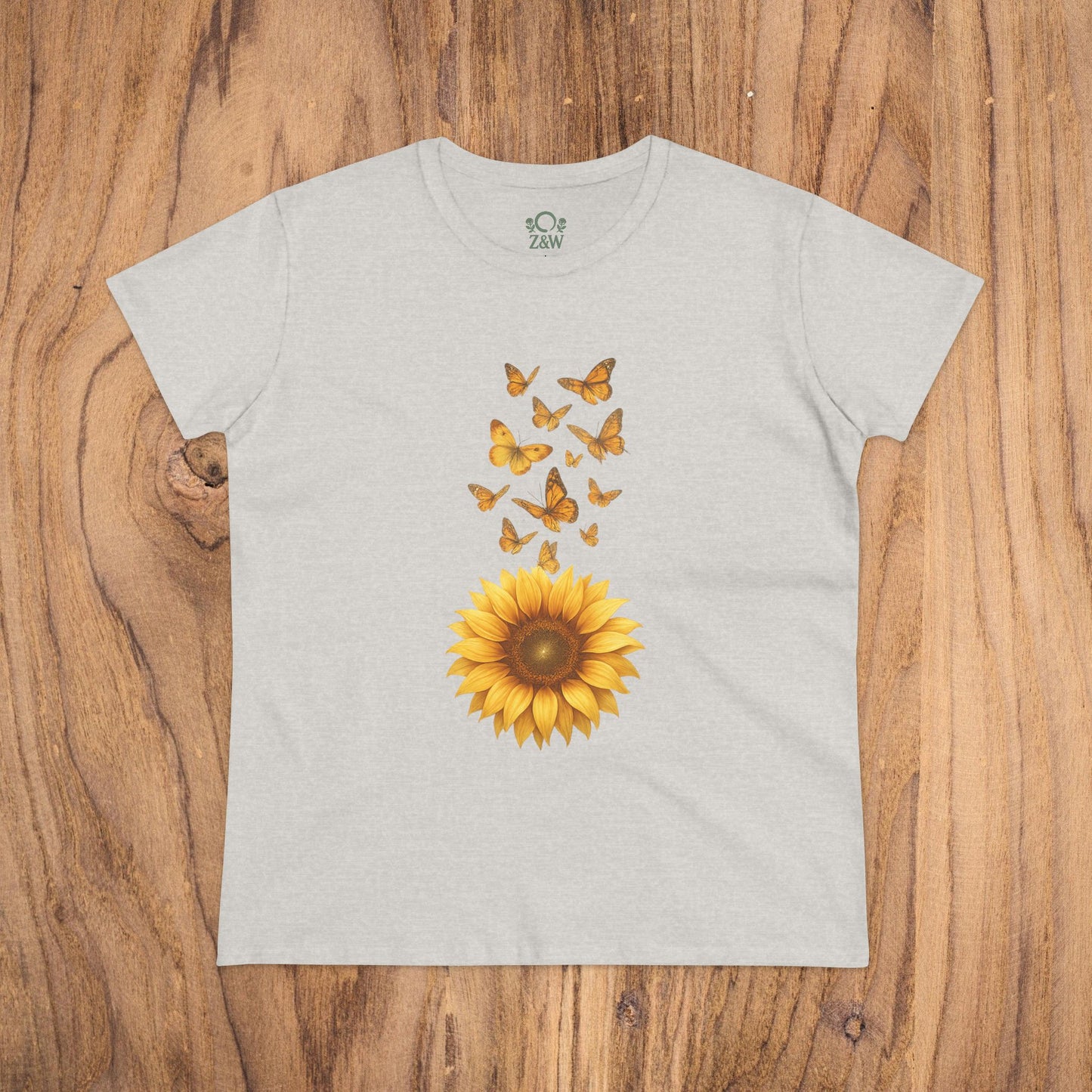 Sunflower & Butterflies Cotton Tee for Women - Soft cotton tee in light gray featuring a vibrant sunflower and fluttering butterflies design. Perfect for casual wear.