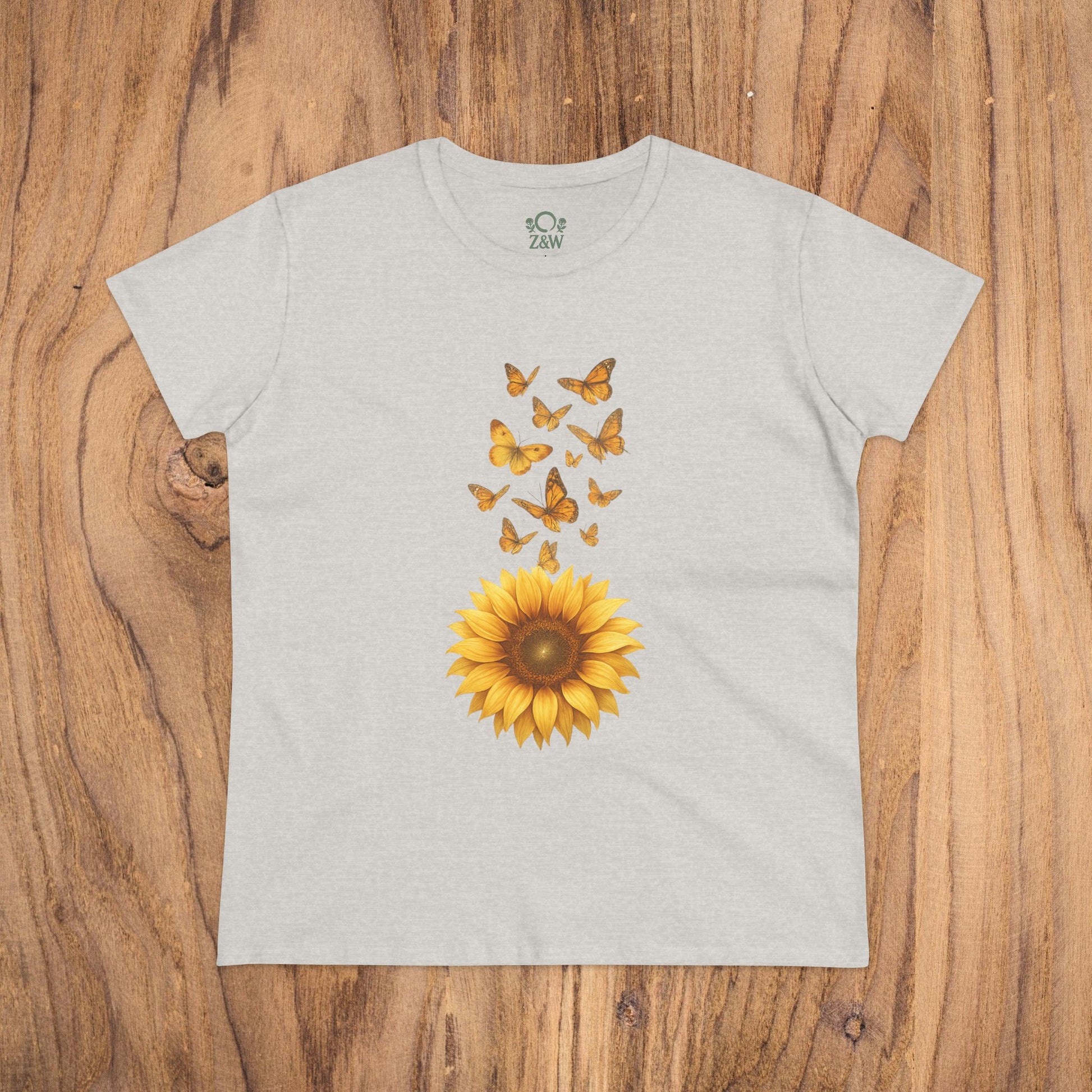 Sunflower & Butterflies Cotton Tee for Women - Soft cotton tee in light gray featuring a vibrant sunflower and fluttering butterflies design. Perfect for casual wear.