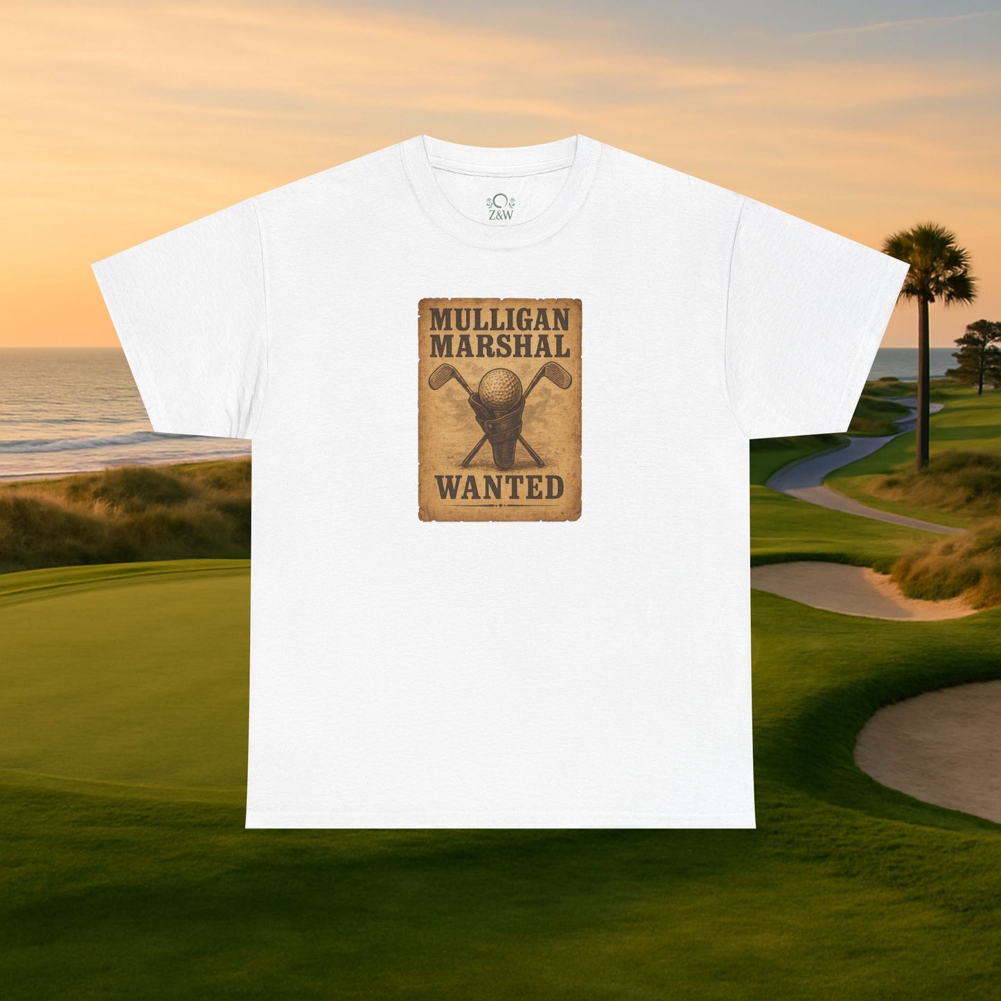 Funny Mulligan Marshal Wanted Golf Tee Shirt in classic white, ideal for golf lovers who appreciate humor and comfort in summer wear.