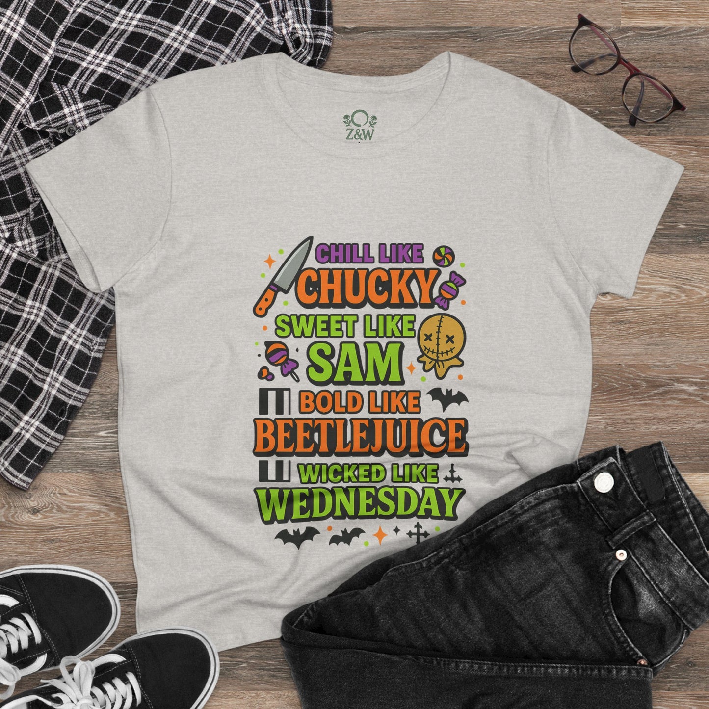 Spooktacular Horror Tee: Chill Like Chucky, Sweet Like Sam, Beetlejuice, Wednesday Addams, Halloween Shirt, Horror Fan Gift