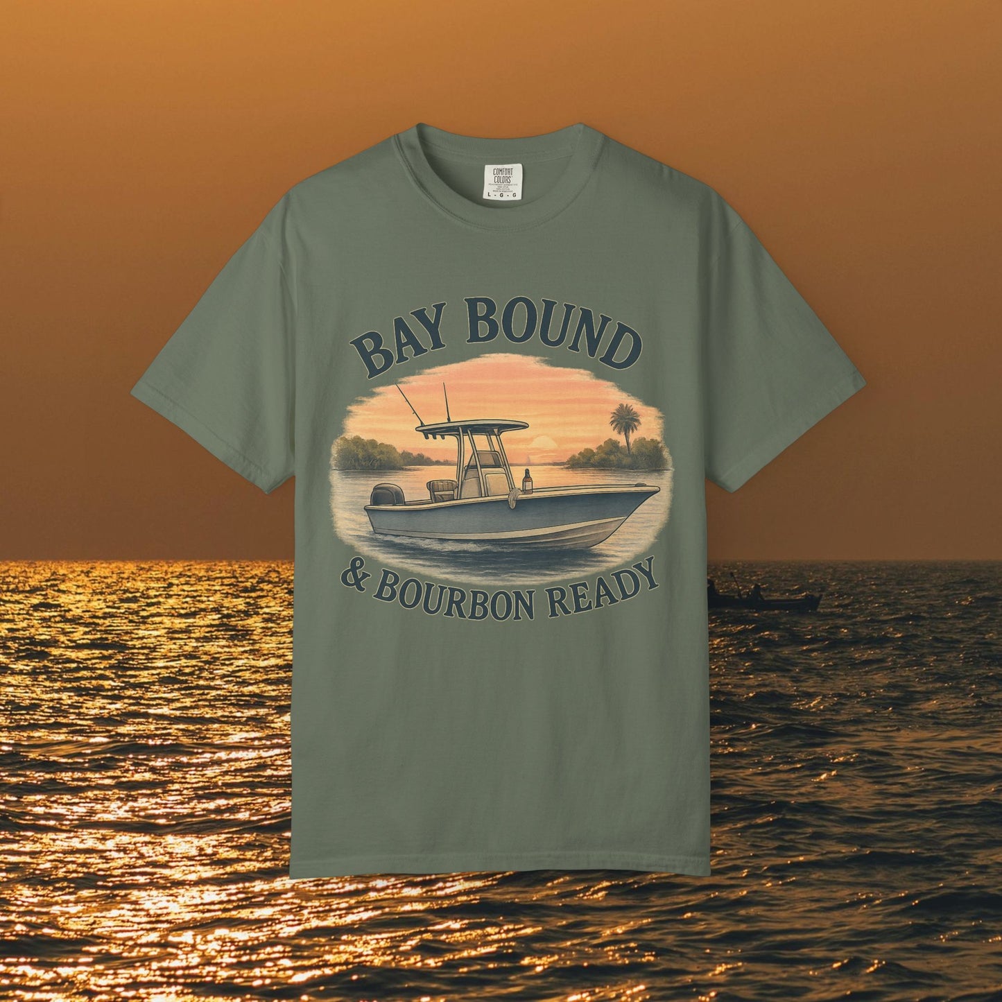 Bay Bound T-Shirt for Summer showcasing a stylish boat graphic, tailored for fishing and beach enthusiasts. Made from soft cotton, suitable for warm weather activities, sizes S-4XL.