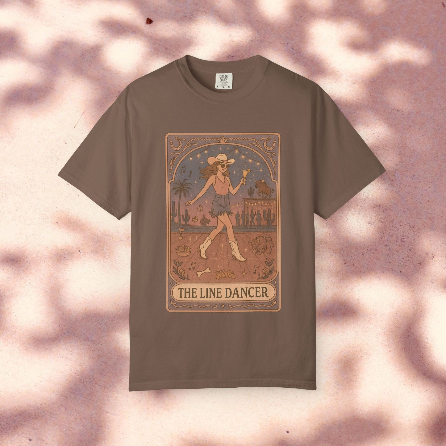 Line Dancer Tarot Tee in brown color, featuring a unique design of the line dancer, perfect for casual wear.