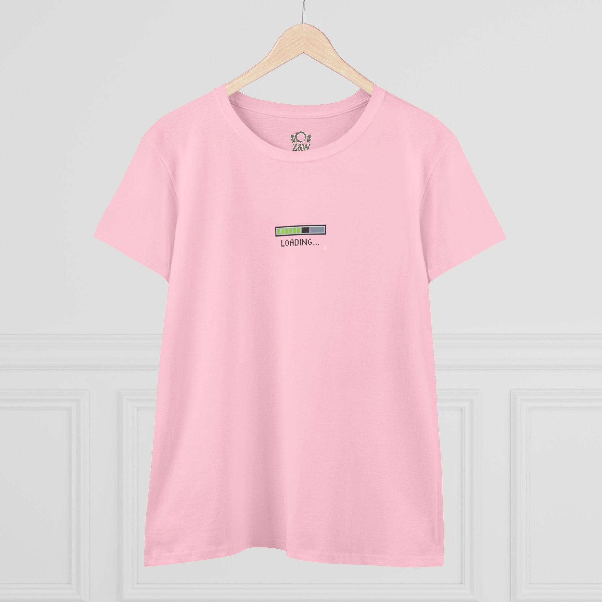 404 Y2K Graphic T-Shirt in delicate pink, elegantly displayed hanging, featuring a 'loading' motif and crafted for everyday comfort.