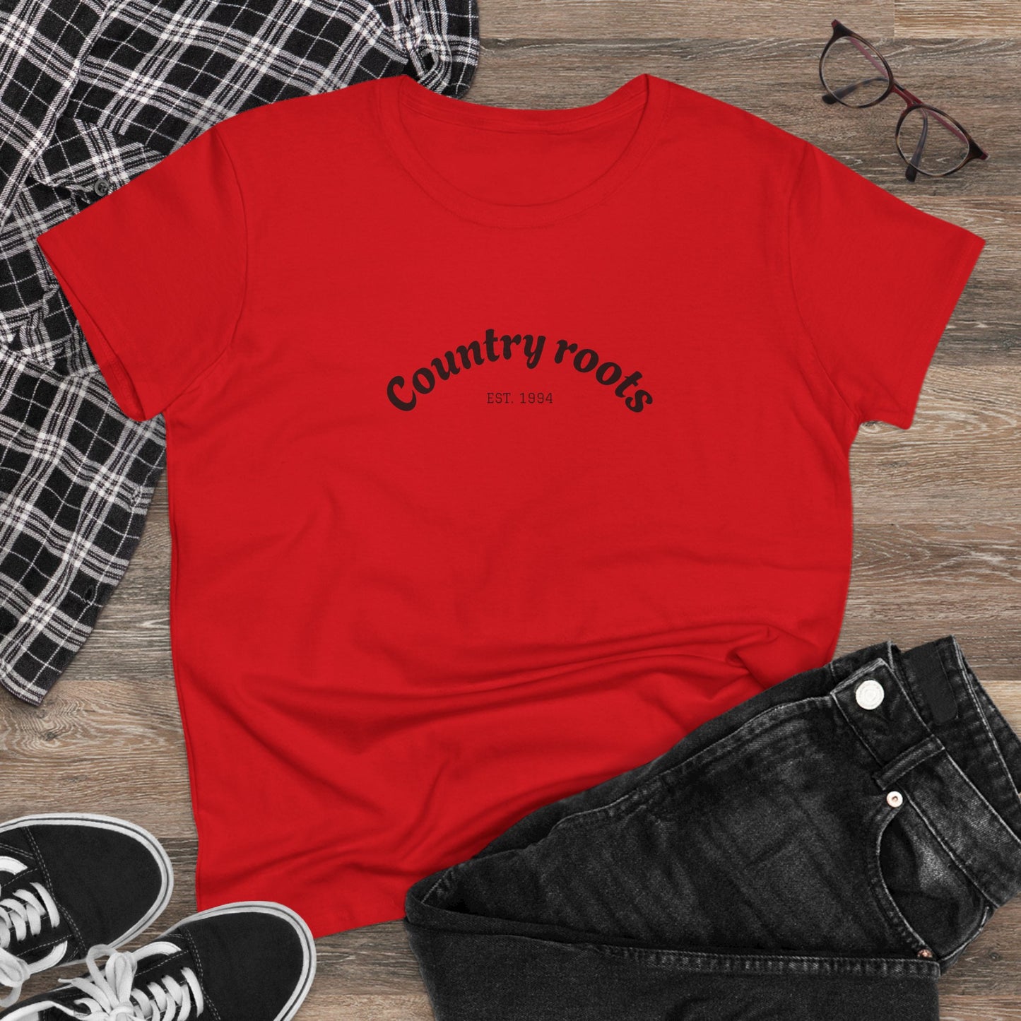 Country Roots Cowgirl Tee in dynamic red, featuring a bold 'Country roots' logo, perfect for cowgirl-inspired outfits.