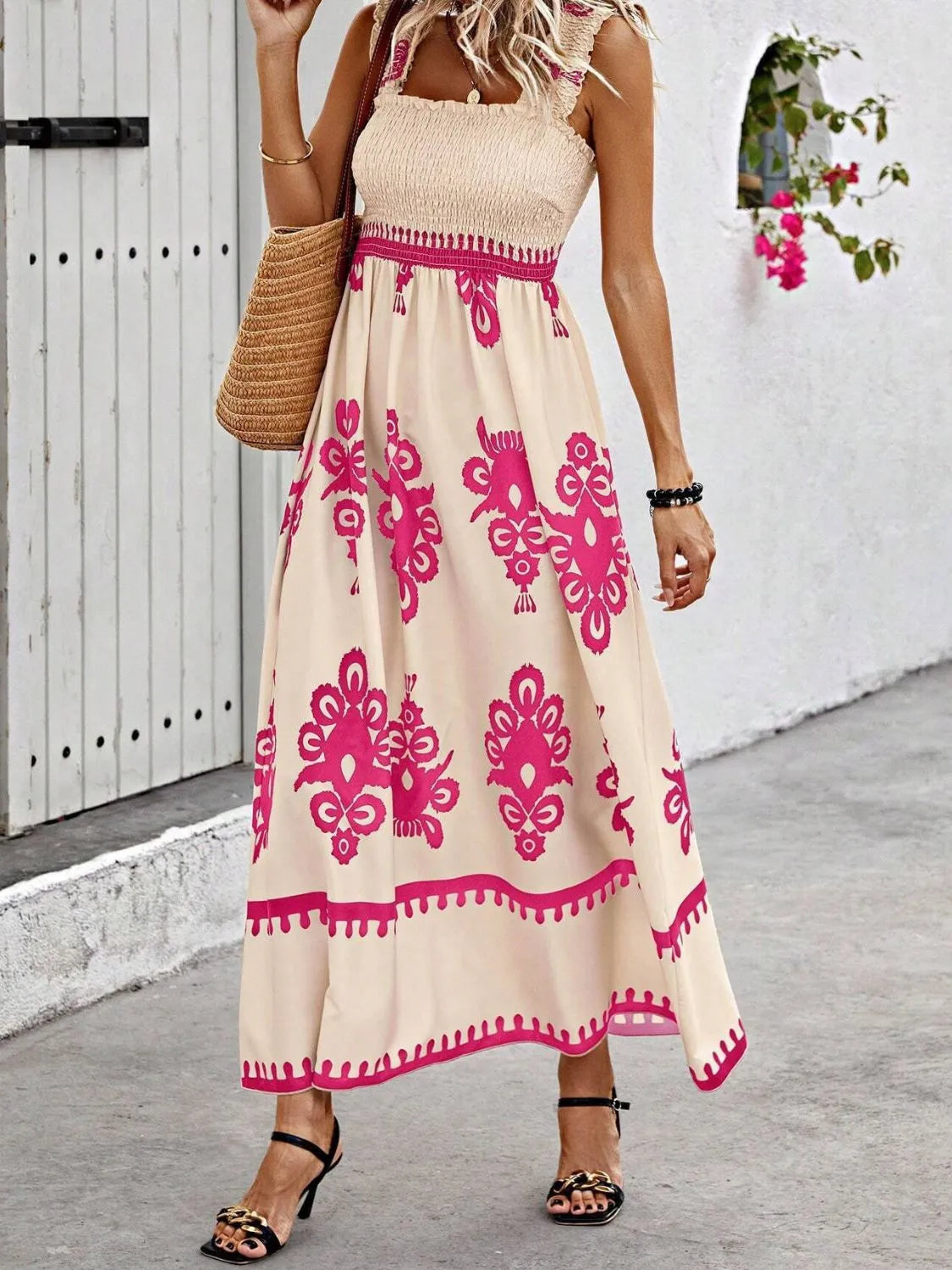 Trendsi Smocked Printed Maxi Dress with Wide Straps displayed from the front, highlighting a beautiful blend of cream and pink floral designs, ideal for a stylish summer look.