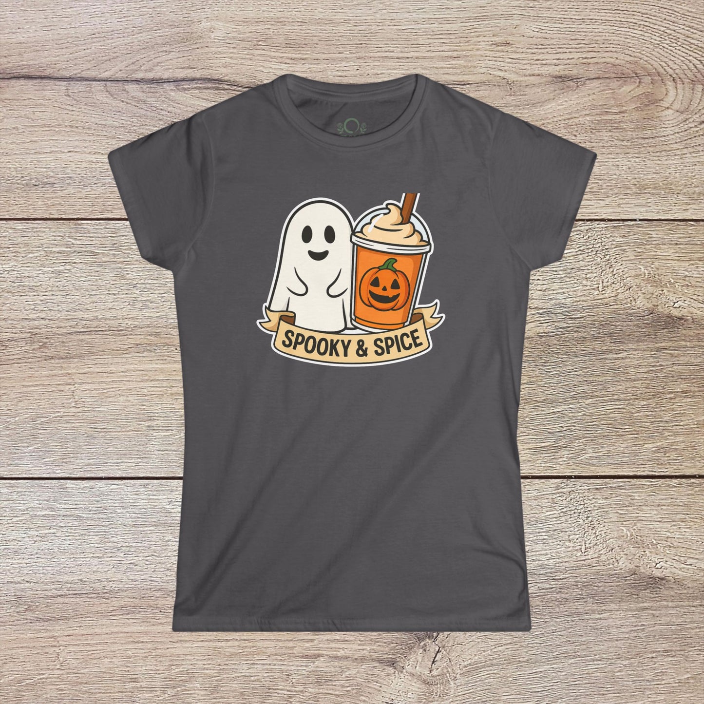 Spooky And Spice Ghost Graphic Tee in dark gray with a playful ghost and pumpkin spice latte graphic, an excellent choice for Halloween fun and everyday comfort.