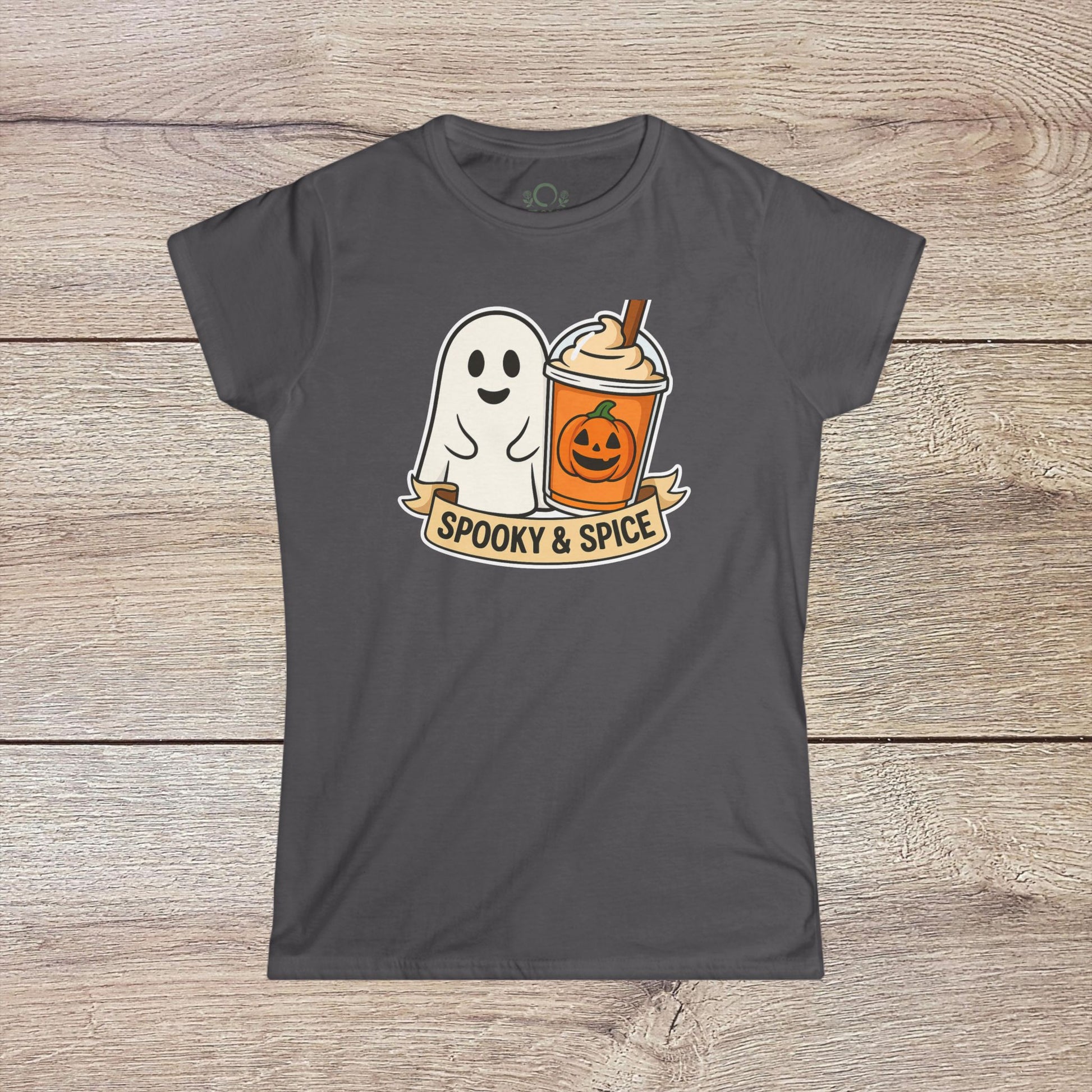 Spooky And Spice Ghost Graphic Tee in dark gray with a playful ghost and pumpkin spice latte graphic, an excellent choice for Halloween fun and everyday comfort.