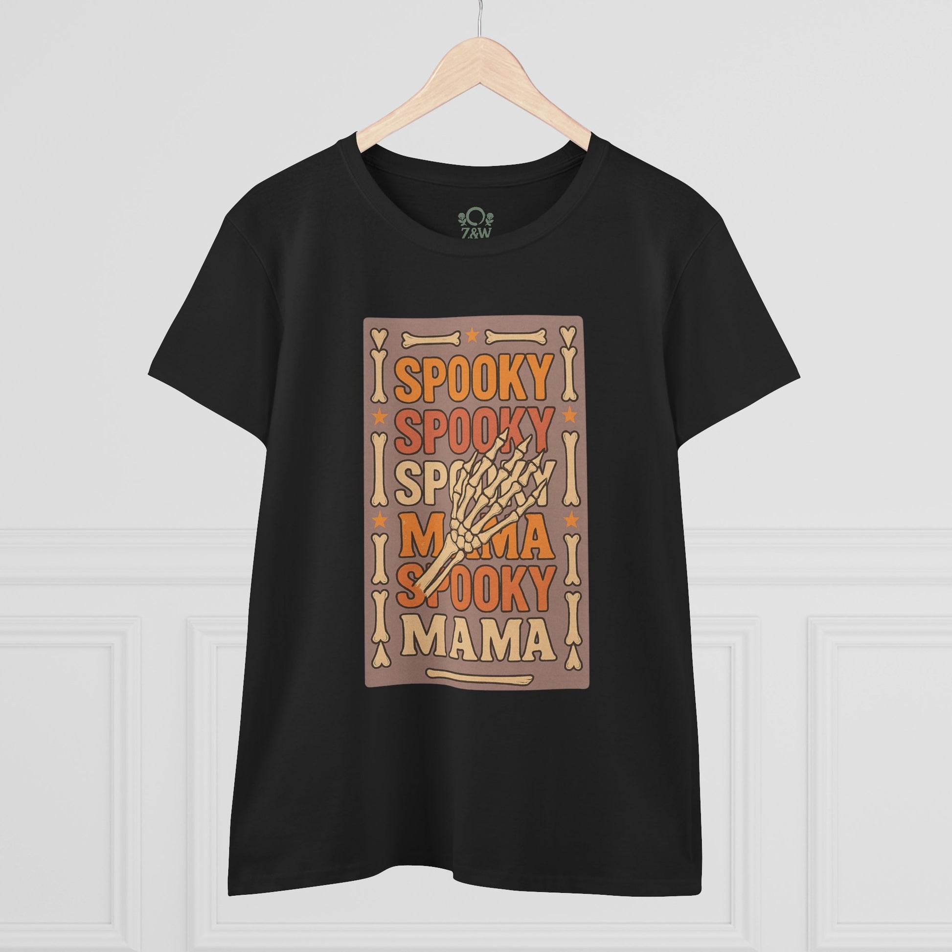Spooky Mama Tee, featuring a vibrant skeleton print on a black shirt, ideal for festive Halloween celebrations.