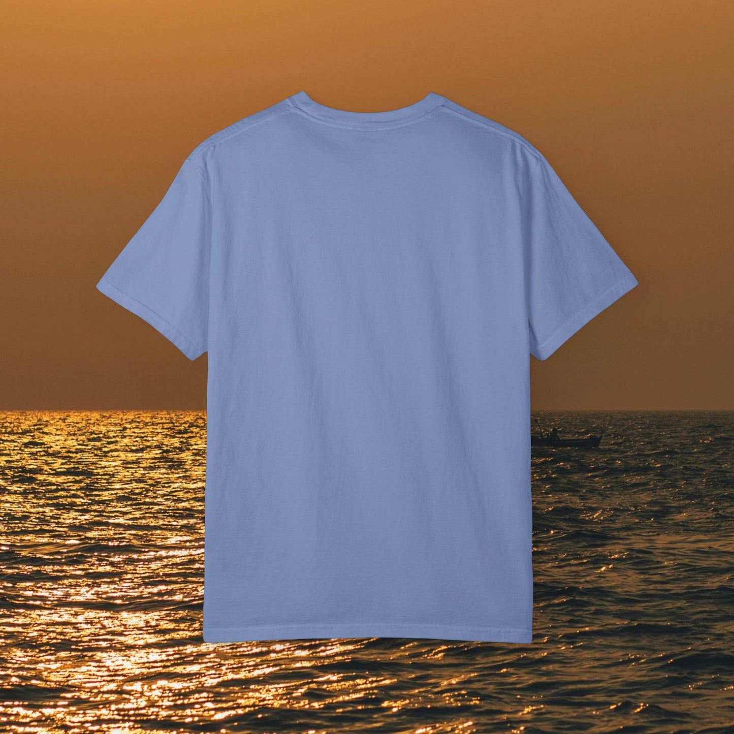 Back view of a Bay Bound boating t-shirt in light blue, perfect for casual summer wear, fishing, and beach outings.