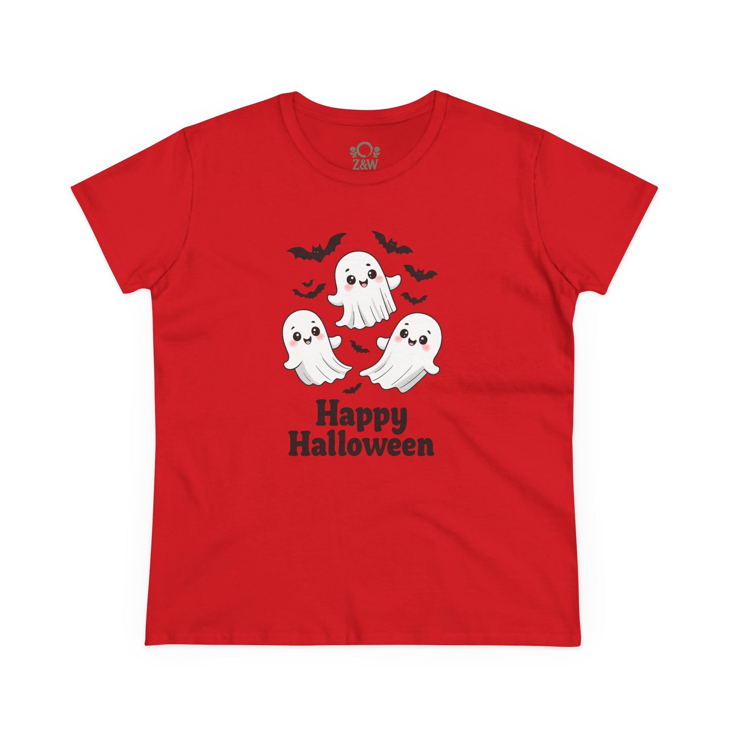 Cute Halloween Ghost T-Shirt for Kids & Adults in vibrant red color featuring playful ghosts and bats, perfect for spooky celebrations.