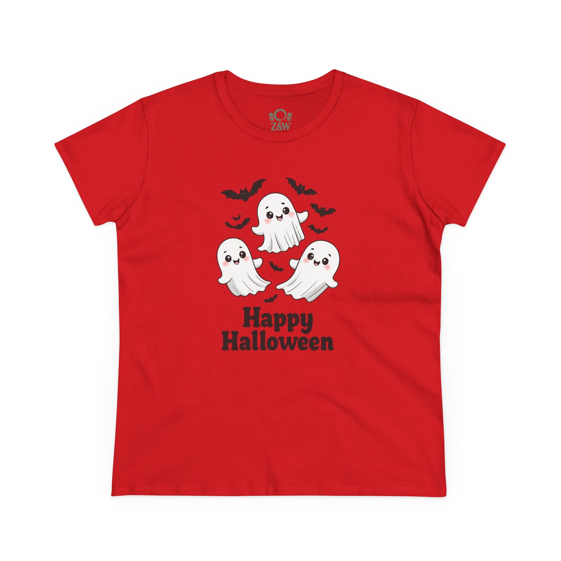 Cute Halloween Ghost T-Shirt for Kids & Adults in vibrant red color featuring playful ghosts and bats, perfect for spooky celebrations.