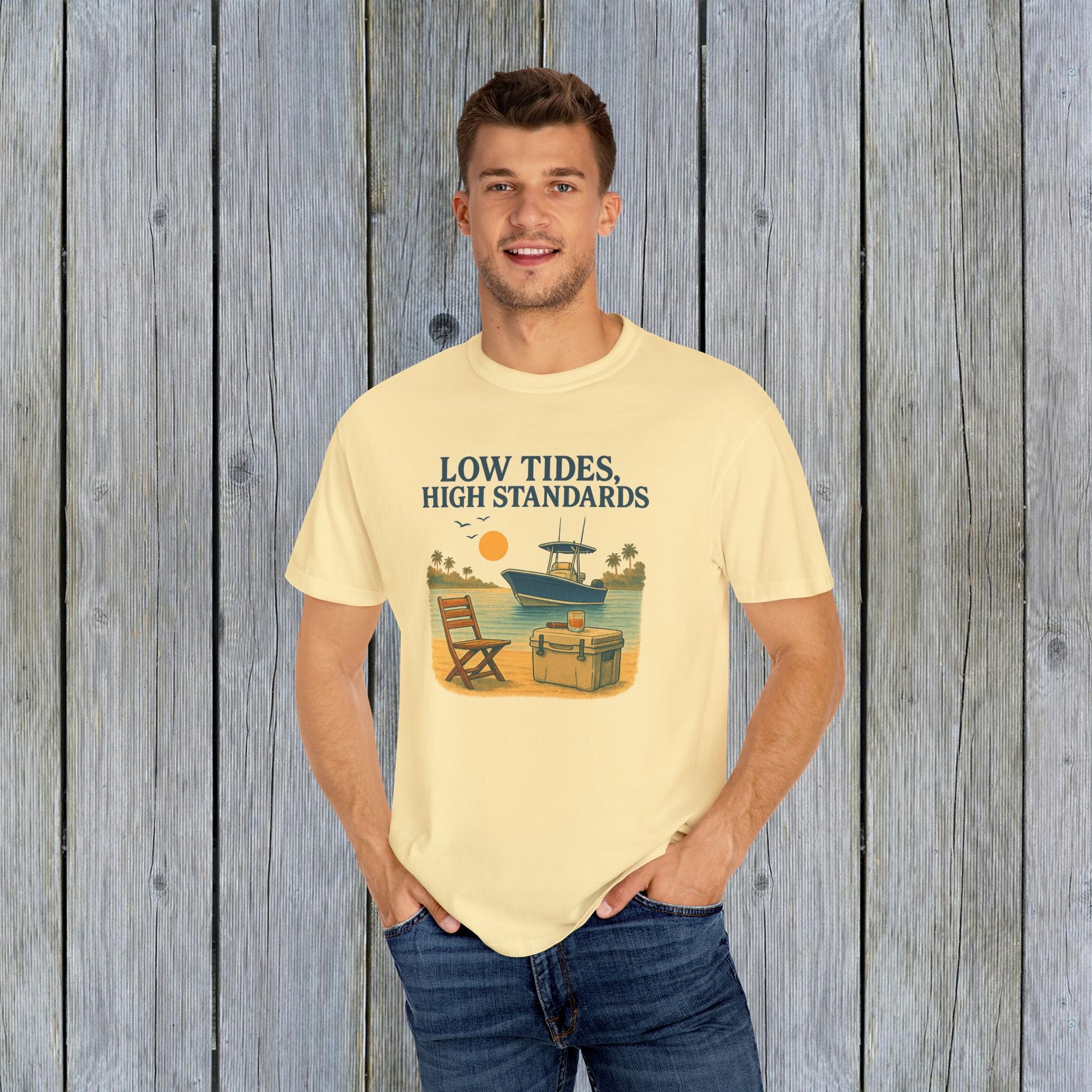 Garment-Dyed Low Tides High Standards T-Shirt displayed by a model, offering a stylish and comfortable fit with a unique nautical design for summer activities.