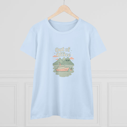Out Of Office Cruise Tee in light blue showcasing a charming graphic of a cruise ship among mountains and clouds, perfect for layering in warmer climates.