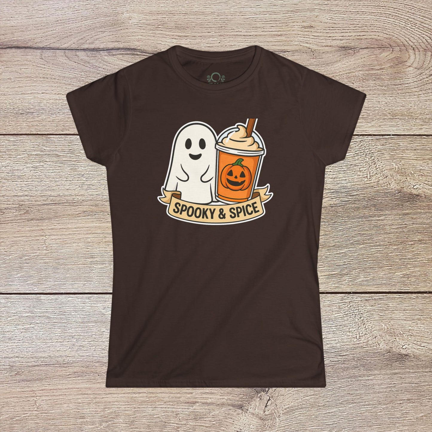 Spooky And Spice Ghost Graphic Tee featuring a cute ghost next to a pumpkin spice drink, made from soft, lightweight, ethically sourced fabric, perfect for year-round wear.