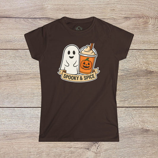 Spooky And Spice Ghost Graphic Tee featuring a cute ghost next to a pumpkin spice drink, made from soft, lightweight, ethically sourced fabric, perfect for year-round wear.