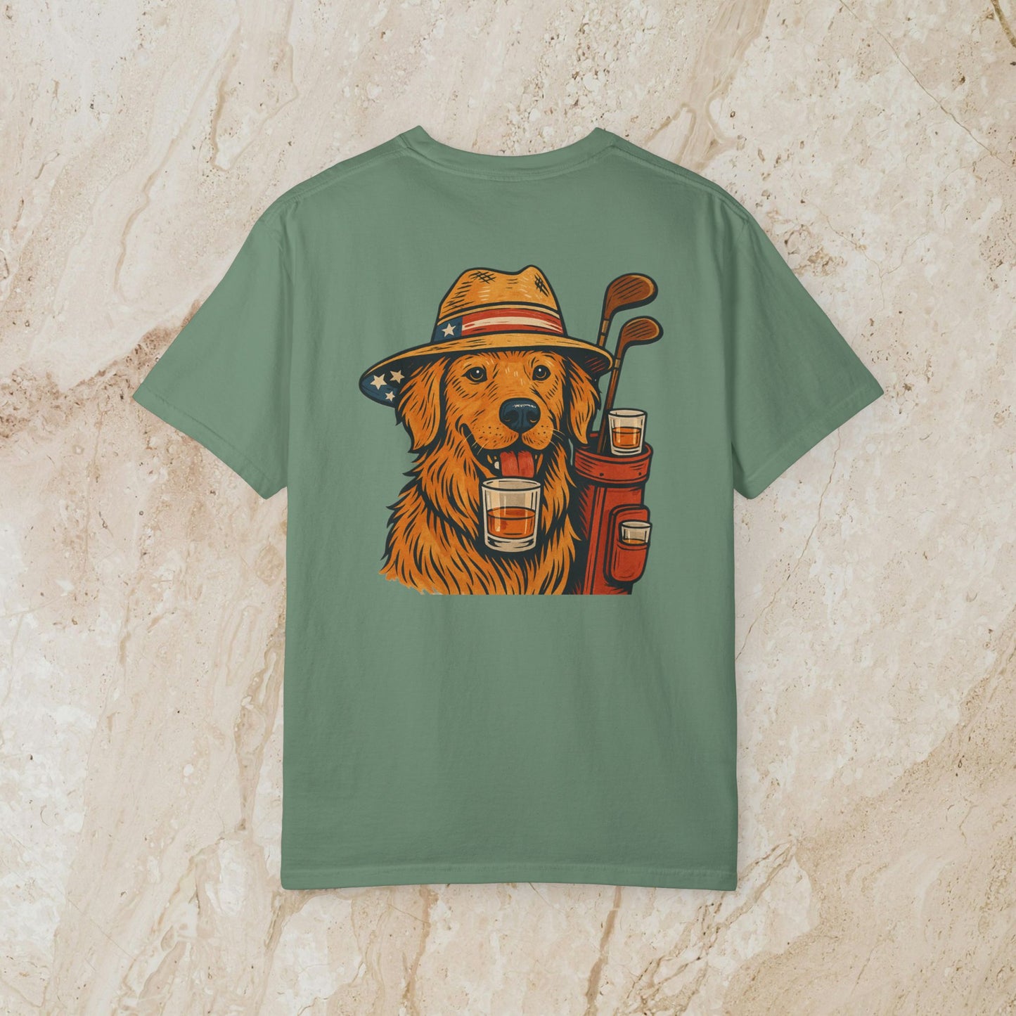 Golden Whiskey Dog Tee showcasing a playful illustration of a dog wearing a hat and holding a drink, designed with a unique vintage style, ideal for dog lovers.
