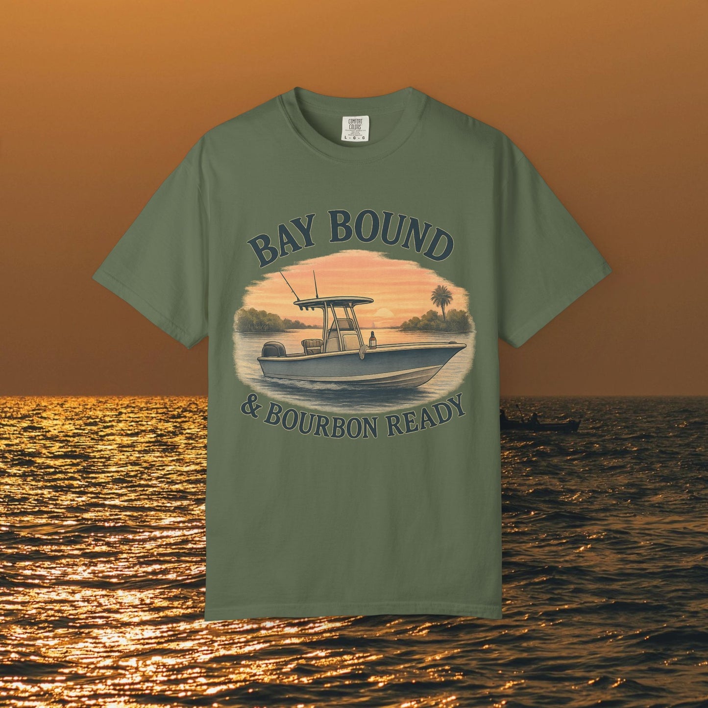 Bay Bound T-Shirt for Summer featuring a boat design, perfect for fishing and beach lovers. Soft cotton fabric ideal for outdoor adventures and available in sizes S-4XL.